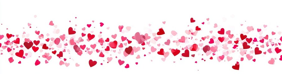 Bright heart confetti falls elegantly over a white background, bordered by a lengthy line. This festive backdrop is ideal for Valentine's Day greetings, wedding announcements, and gift packages.
