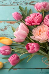 Fototapeta premium A beautiful bouquet of pink and yellow tulips with peonies tied with twine, placed on a rustic turquoise wooden background. A perfect floral arrangement for spring, wedding, Mother's Day, or romantic 