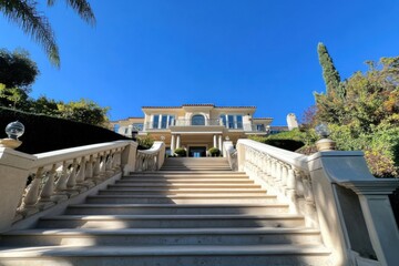 Fototapeta premium Grand mansion viewed from the bottom of a staircase on a bright sunny day surrounded by lush greenery in an upscale neighborhood