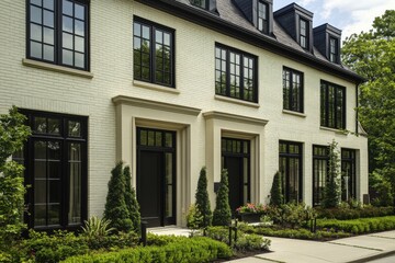 Elegant modern townhouse exterior with landscaped garden showcasing minimalist architecture in a serene suburban neighborhood during daylight