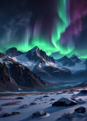 Nighttime view of the aurora borealis over a snow-capped mountain range, dark sky, snowy