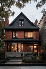 Modern brick house with elegant facade and warm lighting showcases urban architecture in the evening hours, surrounded by greenery and trees