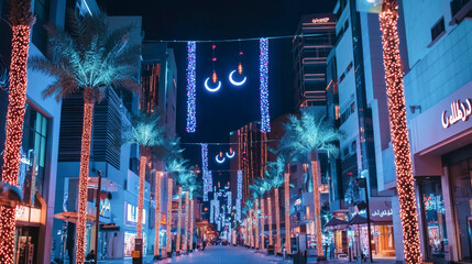 Vibrant Ramadan celebration in bustling modern city street with festive lights. Concept of cultural festivity, urban nightlife, Islamic tradition, joyful atmosphere during Ramadan season