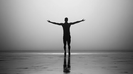 Obraz premium Celebrating freedom ocean shoreline silhouette photography tranquil environment wide angle view self-expression concept