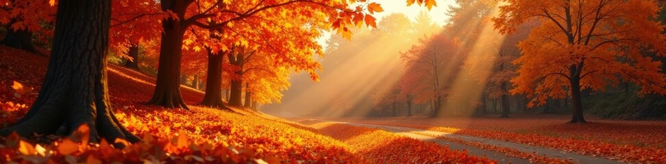 Fototapeta premium Orange and amber tones mingle with earthy hues, orange leaves, fall landscape