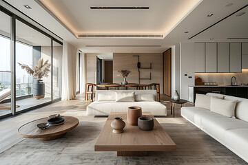 an efficient design integrating long forms and functionality, with well-arranged furniture to accentuate the rooms elongated features