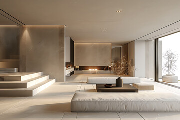 minimalist interior design, this interiors elongated features and muted tones create a minimalist, serene atmosphere while extended wall spaces promote visual continuity