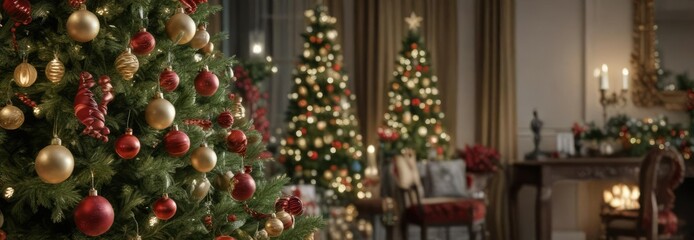 Ornaments and garlands on an elegant Christmas tree, decorative accents, ribbons and bows, colorful baubles