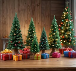 Ornate wooden table featuring a beautifully arranged collection of small Christmas trees and colorful gifts, tabletop, miniature, festive