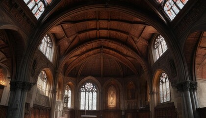 Ornate wooden ceiling in an ancient Annecy church with intricate carvings and stained glass windows , annecy, building, carvings