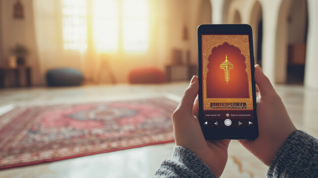 Muslim woman using prayer app on smartphone in mosque. Spiritual reflection during Ramadan. Digital innovation in religious practices, technology for worship, cultural traditions. Copy space