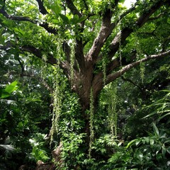 Overgrown branches of a tropical tree covered in thick green leaves and vines in a dense jungle, tropical tree, lush foliage