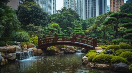 Tranquil Asian Garden with Bridge and Modern City Background