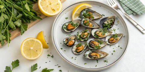 Overhead shot of galician barnacles on a plate with a side of lemon wedges and fresh herbs, showcasing the dish's simplicity and elegance, citrus, galician barnacles, herb, presentation