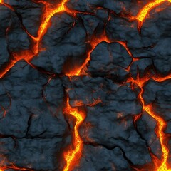 Incandescent lava ground with melting rocks. Seamless digital pattern.