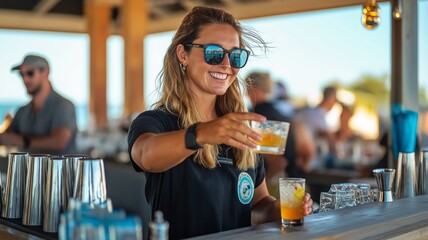 Friendly professional female bartender serving drinks at a beachside bar during a sunny afternoon