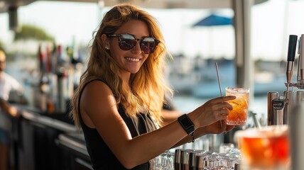 Friendly bartender creates a refreshing cocktail at outdoor bar in Newport Rhode Island
