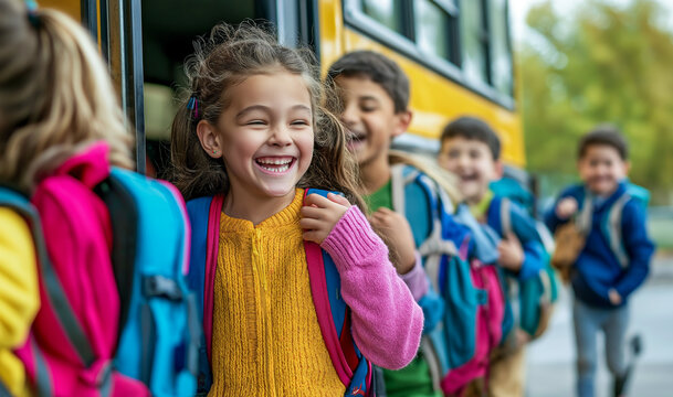 Diverse elementary school children happily getting off the bus wearing colorful clothing and backpacks