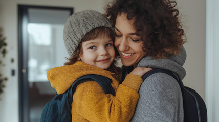 Mother shares a warm goodbye with her happy child before heading to school in a modern home entryway