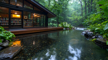 Modern library by tranquil stream, misty forest backdrop