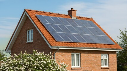 Energy-efficient home with solar panels on a red-tiled roof, emphasizing renewable energy production, environmental awareness and sustainable living in a modern suburban setting