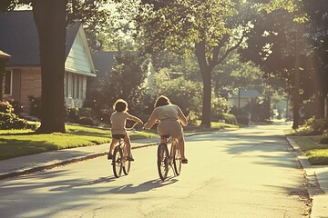 Fototapeta premium Mother helping her child ride a bicycle on a quiet suburban street.