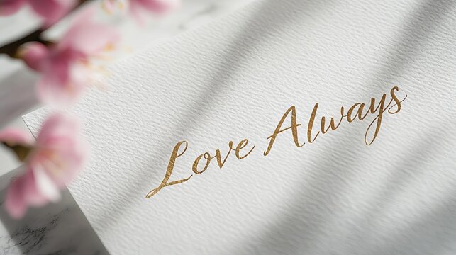 Elegant Close-Up of Love Always Written in Gold Calligraphy with Pink Flowers - Concept of Romance, Affection, Sophisticated Design, Wedding Invitations