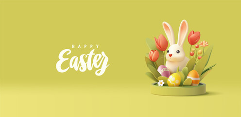 Cute 3D bunny in grass and flowers and Easter eggs. The bright scene for Easter greetings concept. Tulips, daisies. Green banner. Vector