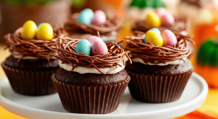 Chocolate cupcakes with colorful easter egg decorations on a white plate.