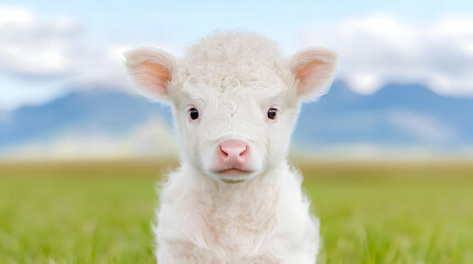 Obraz premium Fluffy white calf in green pasture, mountains background