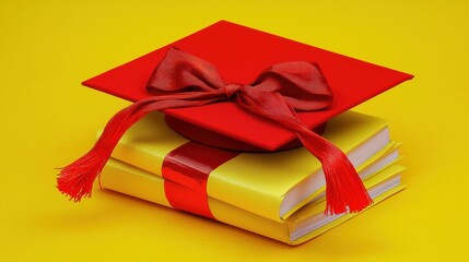 Graduation ceremony celebration library educational materials vibrant yellow background close-up view achievement and success