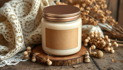 Matte beige cream jar mockup with rose gold lid and blank kraft rectangular label, placed on a rustic wooden table surrounded by antique elements, lace fabric and dried flowers