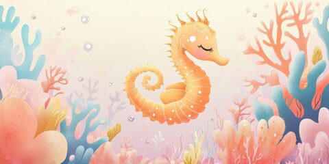 A Peaceful Orange Seahorse Among Coral Reefs