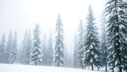 Obraz premium Snow covered pine trees in a misty winter forest