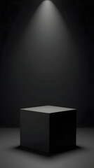 Elegant black cube stand for product placement mockup. Dark podium exhibition scene background. Minimal box platform showroom with spot light.	