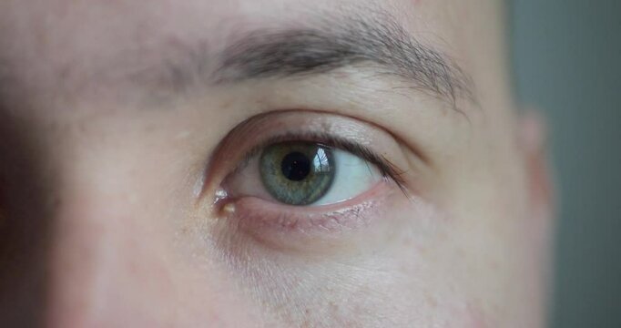 Close-up of Person's Eye With Blue-Green Iris. Blue-Green Eye of Man Looking at Camera Close Up. Motion of Human Eyes. Human Eye Iris Opening Pupil.