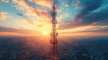 Cityscape Sunset with Tall Communication Tower