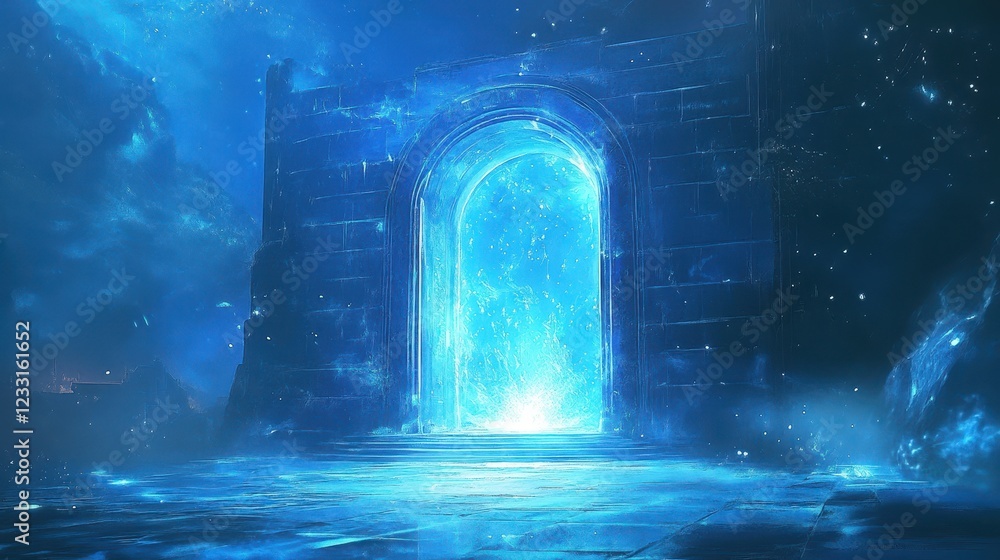 Poster glowing portal within ancient stone archway structure