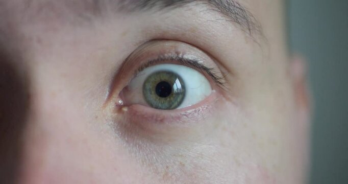 Close-up of Person's Eye With Hazel Eyes Iris. hazel Eye of Man Looking at Camera Close Up. Motion of Human Eyes. Human Eye Iris.