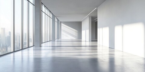 Fototapeta premium Modern 3D Rendered Minimalistic Office Interior with Floor-to-Ceiling Windows and Sunlit Concrete Floors