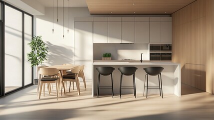 Fototapeta premium Sleek Modern 3D-Rendered Kitchen and Dining Interior with Minimalist Design, White Countertop, Black Bar Stools, and Wooden Table in Natural Lighting