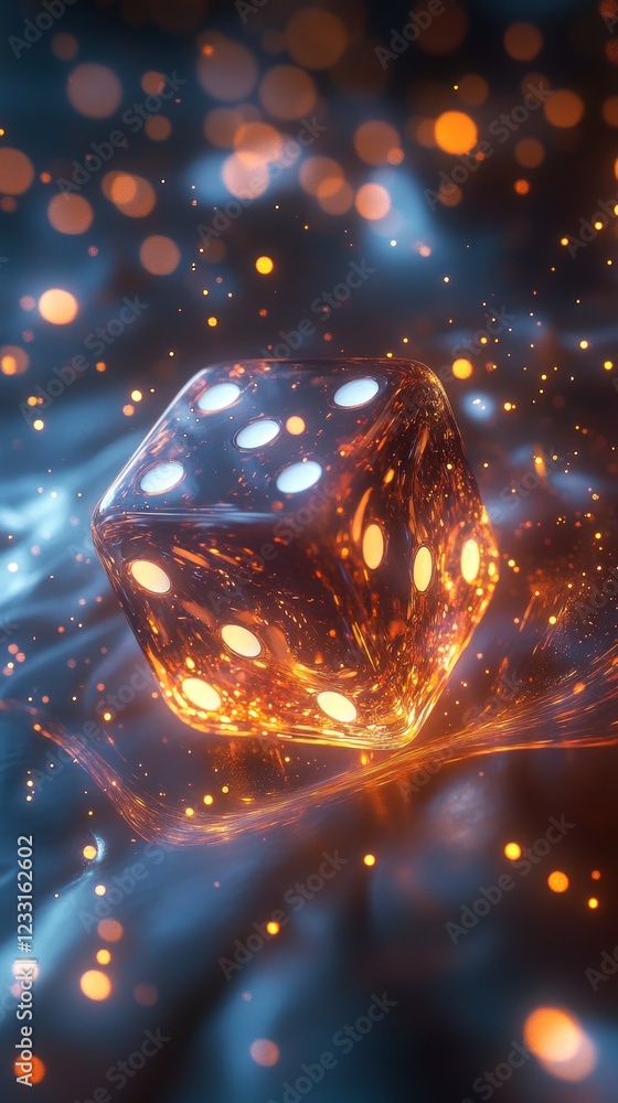 Poster luminous dice in glowing nebula abstract 3d render