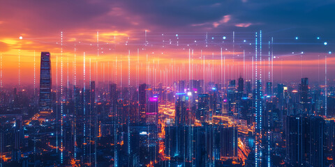 Cyber City Skyline with Digital Signals and Neon Lights