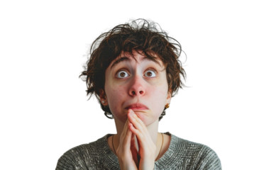 A close-up of a person showing a stressed and anxious emotion by biting their lip Isolated on transparent background PNG