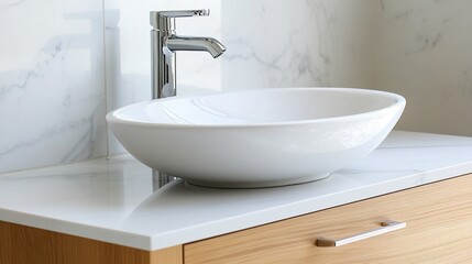 Fototapeta premium Modern Oval White Ceramic Vessel Sink on Polished Marble Countertop with Light Oak Drawers and Chrome Faucet in Soft Natural Light for Clean Bathroom Design Inspiration