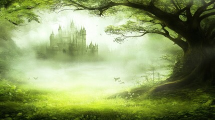 Obraz premium Mysterious castle nestled in foggy forest with vibrant greenery and enchanting atmosphere