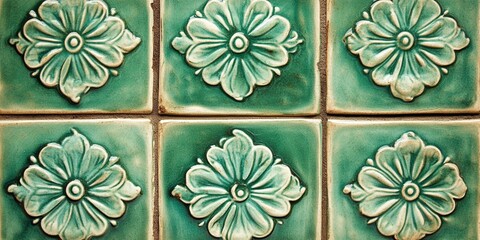 Fototapeta premium Vintage Green Ceramic Tiles with Intricate Floral Patterns for Kitchen and Bathroom Decor - High-Quality Glossy Finish and Textured Surface, Perfect for Classic Interior Styling
