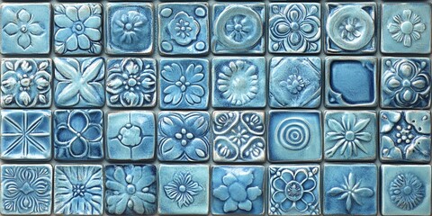 Vintage Blue Ceramic Tiles - Intricate Floral Patterns for Classic Kitchen or Bathroom Design