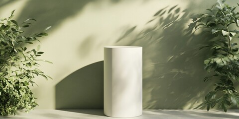 Modern Cylindrical Dais Mock-up in Natural Setting with Smooth White Pedestal and Soft Plant Shadows, Perfect for Minimalist Design and Eco-Friendly Branding