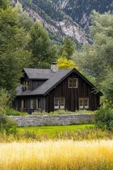 Obraz premium Nestled amidst lush greenery and majestic mountains, this charming wooden cabin offers a tranquil escape on a serene day within a picturesque rural landscape